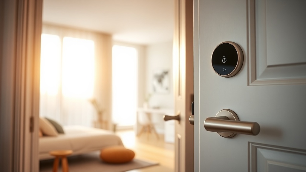 Modern apartment entrance with smart lock keypad and warm interior lighting for Airbnb check-in