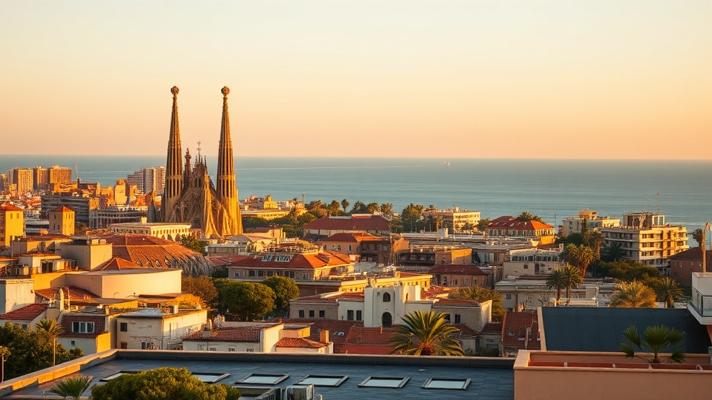 Barcelona skyline with Sagrada Familia and Mediterranean coast