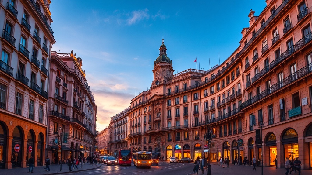 Vista panorámica de Madrid con Gran Vía, edificio Metrópolis y skyline al atardecer