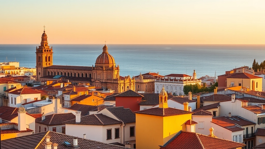 Vista del centro histórico de Málaga con la Catedral, puerto y Alcazaba al fondo