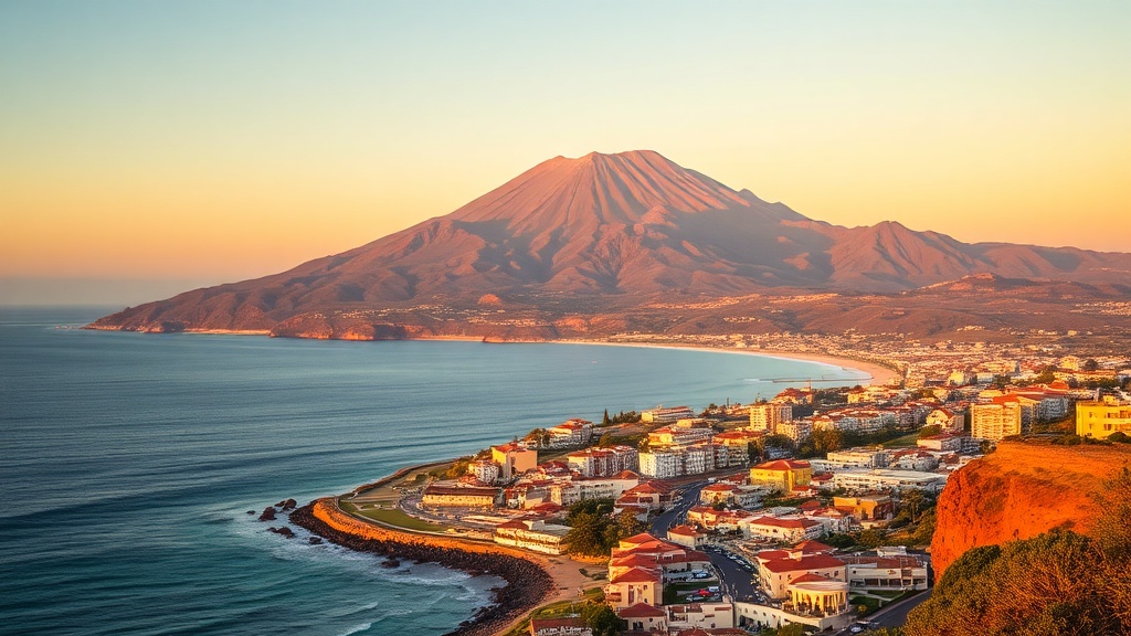Vista del Teide desde costa sur de Tenerife con playa y palmeras