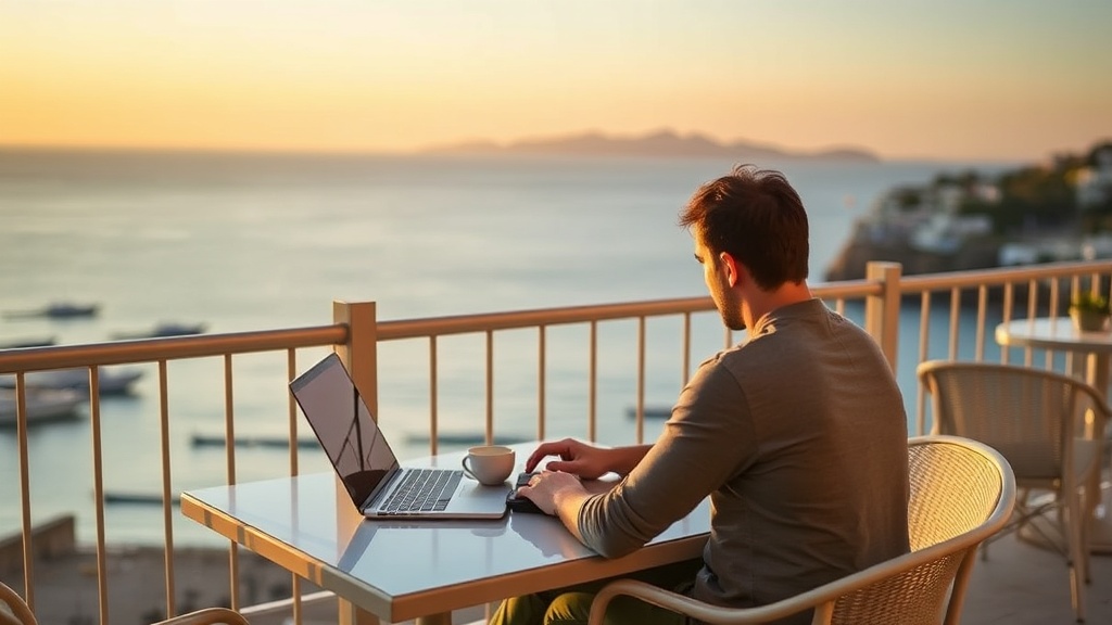 Anfitrión gestionando propiedades de Airbnb desde portátil en ubicación remota con vista al mar