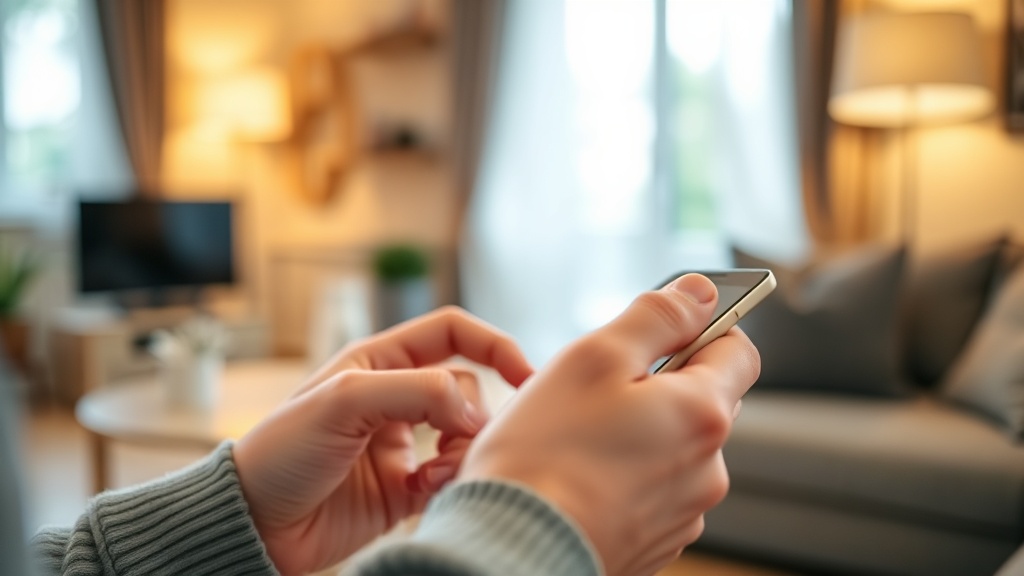 Host typing a friendly message to guest on smartphone with cozy apartment in background