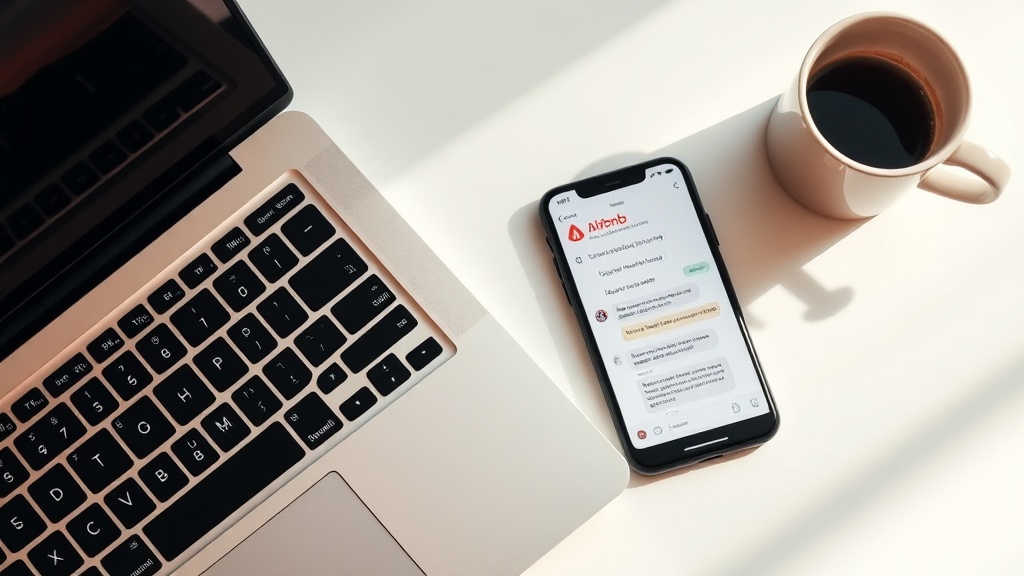 Airbnb host workspace with smartphone showing guest messages and laptop on a clean desk